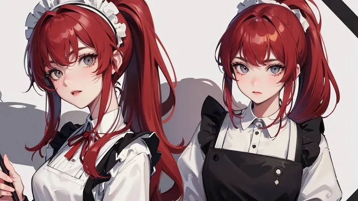 masterpiece,(best quality, illustration,detailed face:1.3),(1 woman,alone:1.3),beautiful and delicate eyes,  apron, gradient_background, gradient, maid, gray eyes,red hair,,, break, enmaided, White_apron, Black color_dress, ponytail, Black color_footwear, ...