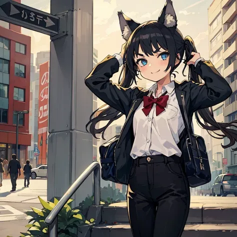 Young girl with black hair, long twintail, twintail hairstyle, (blue eyes), ((small bushy eyebrows)), (wolf ears up), wearing gothic lolita, lolicon clothes, going to school, dull eyes, dull face, going to school, flirtatious smile, small and perky breasts...