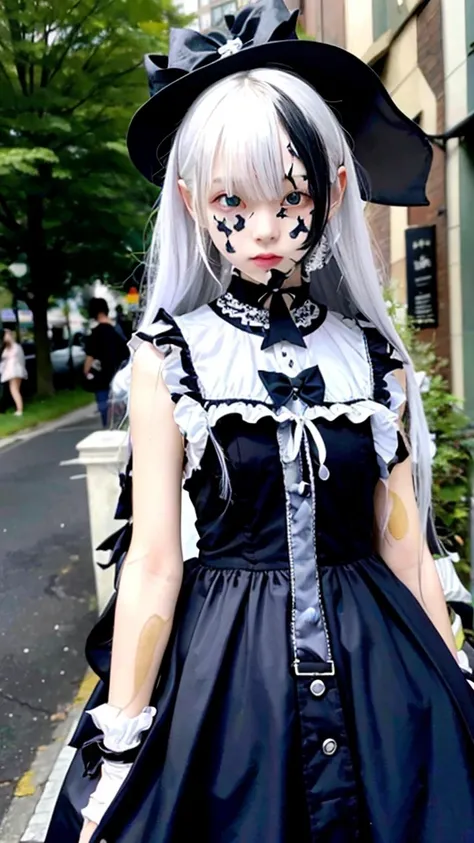 High resolution、Humanly correct､whole body､Fine skin、solo､albino、In town、Gothic Lolita Fashion、（Every detail）、slender