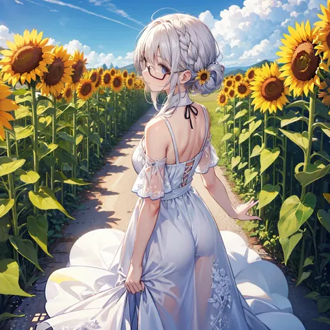 Girl with glasses　Sunflower field　White dress　Back view　Turn around