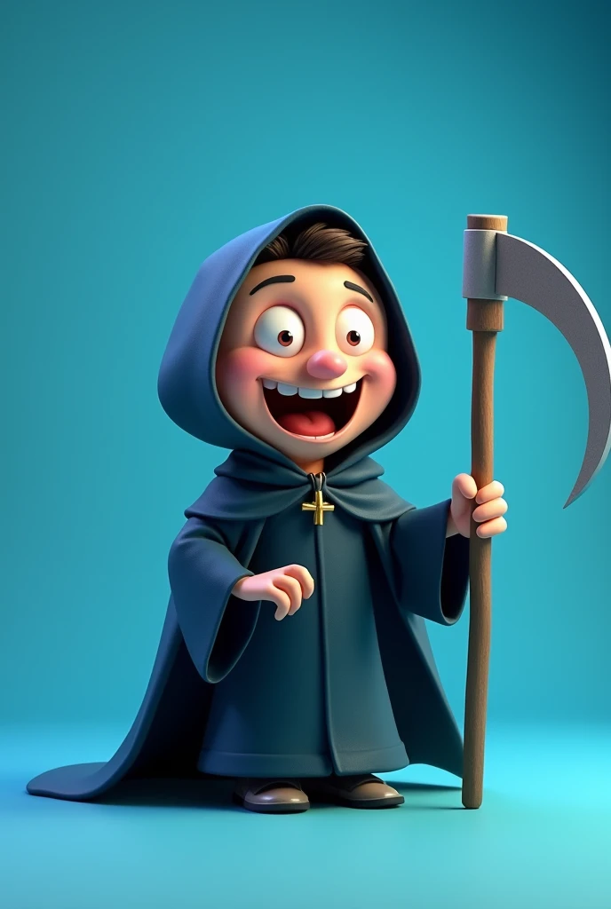 Happy little death animated man version with a scythe and blue background 
