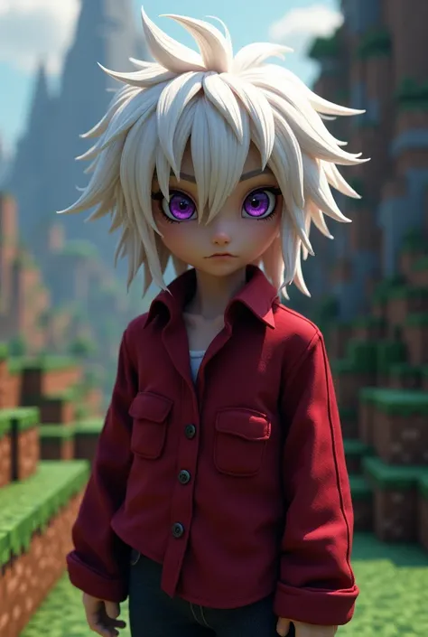 a character with purple eyes, messy white hair, camisa vinho, . Minecraft