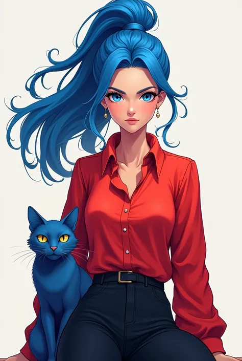 A lady with blue hair and a ponytail in her hair, wearing a red shirt and black pants, without a necklace and with a blue cat.