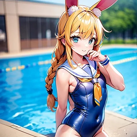 the background is the school pool, there are many female students in the background, a fusion of sailor uniform and school swims...