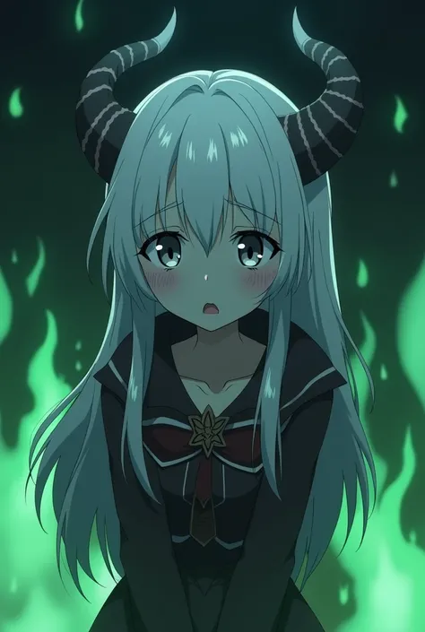 baku no hero screenshot, girl with white hair and gray eyes with dark circles, He is wearing a demon costume with green flames in the background and it is night time 