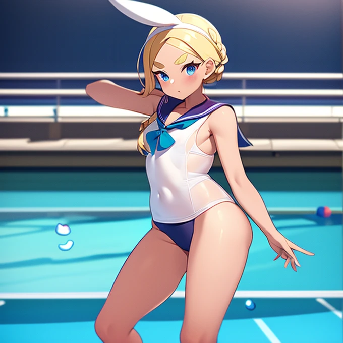 the background is the school pool, there are many female students in the background, a fusion of sailor uniform and school swims...