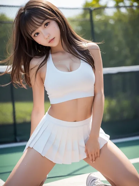 Product quality,1 girl,Cowboy Shot,Front view,Thigh Emphasis,(Knee-deep shots:1.3),Young and sexy Japanese girl,18-year-old,Tennis court,Wearing designer tennis wear,(White ultra short micro pleated mini skirt),wear,No underwear,((Small Head,face:0.4))超かわい...