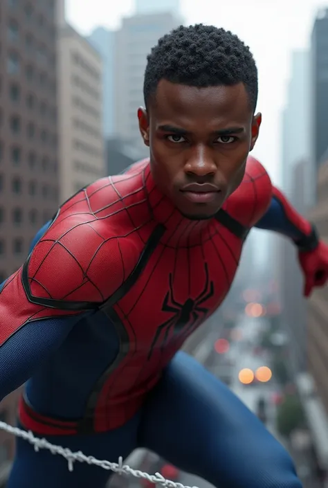 Realistic dark-skinned Spiderman with short, straight, half-parted hair 