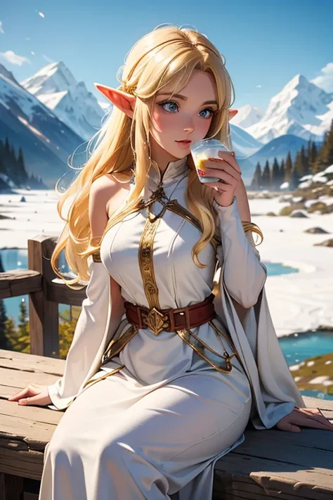 Beautiful blonde elf drinking holy water in the mountains