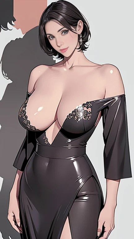 1，short hair，Photorealism，detailed，masterpiece，mature，((full))， (Broad shoulders), ((Huge))，、Long legs、Long skirt、Off-the-shoulder shirt、Clothes made of latex material), clavicle、，Showing cleavage，look at your thighs，Surrounded by men，smile，masterpiece，Hig...