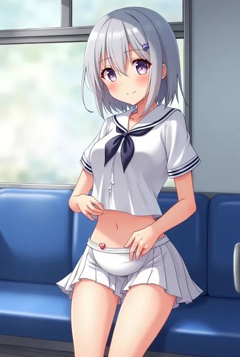 high quality、8K Ultra HD、All drawn in detail、Shortcuts、Gray Hair、14 years old, normal build、Height: 150cm、The expression is a smiling face with eyes closed.、H Uniform、
The place is on the train、The color of the underwear is white、Right hand in skirt、
Licki...