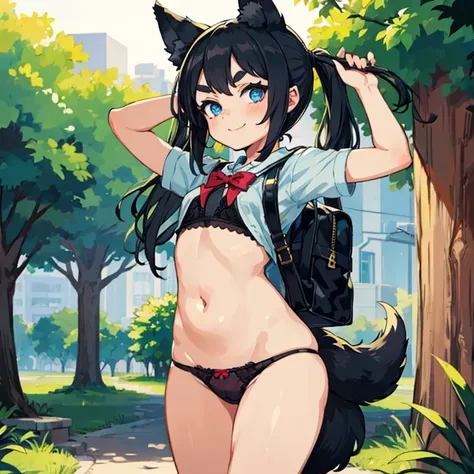 Young girl with black hair, long twintail, twintail hairstyle, (blue eyes), ((small bushy eyebrows)), (wolf ears up), wearing gothic lolita, lolicon clothes, going to school, dull eyes, dull face, going to school, flirtatious smile, small and perky breasts...