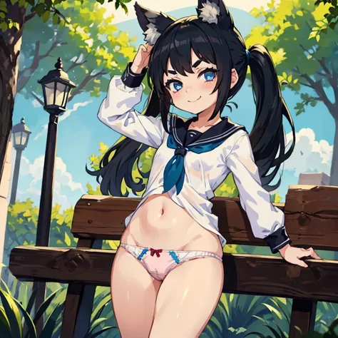 Young girl with black hair, long twintail, twintail hairstyle, (blue eyes), ((small bushy eyebrows)), (wolf ears up), wearing gothic lolita, lolicon clothes, going to school, dull eyes, dull face, going to school, flirtatious smile, small and perky breasts...