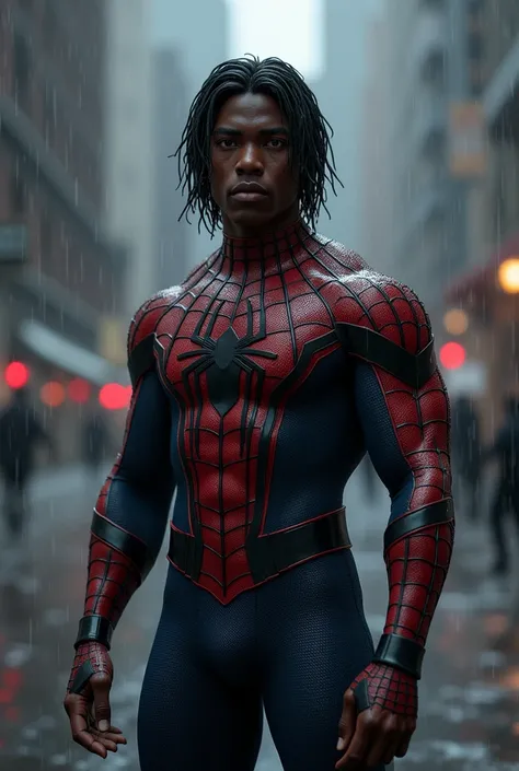 Dark-skinned spiderman with straight hair combed halfway in the rain 
