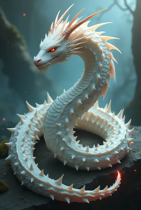 White dragon similar to a snake, full of thorns and a reddish tone at the tip of the tail