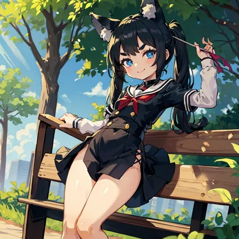 Young girl with black hair, long twintail, twintail hairstyle, (blue eyes), ((small bushy eyebrows)), (wolf ears up), wearing gothic lolita, lolicon clothes, going to school, dull eyes, dull face, going to school, flirtatious smile, small and perky breasts...