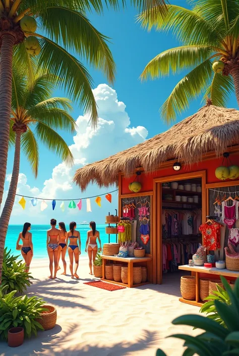 A swimsuit store on the beach in Cancun with coconuts