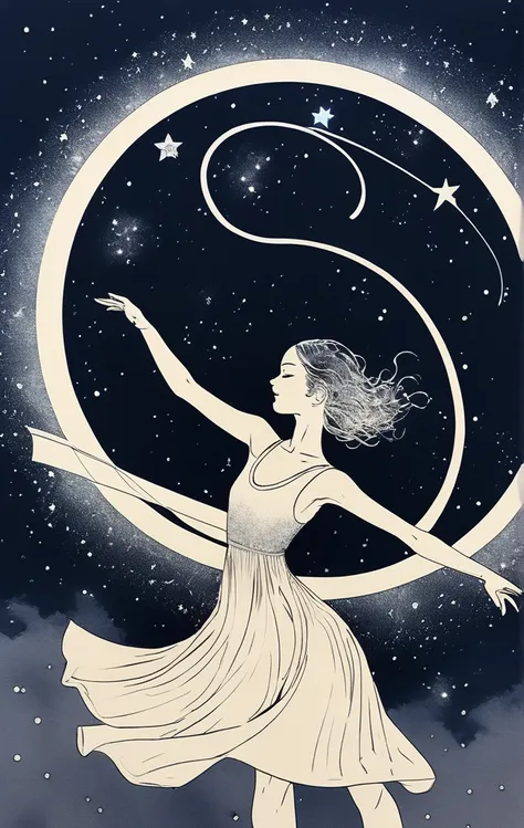 A girl is dancing rhythmic gymnastics ribbon surrounded by the Andromeda Galaxy in a starry sky. The background is black and around the silhouette of the girl are white stars and lines forming the Andromeda Galaxy. Olympic rings symbol, light art installat...