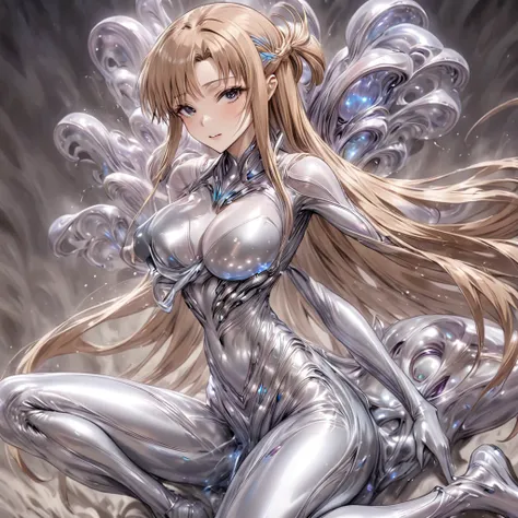 ((Highest quality)), ((masterpiece)), (detailed), （Perfect Face）、The woman is Yuuki Asuna, a completely metallic lifeform with metallic silver skin and face, and light brown metallic medium-long hair.、The woman is a metallic lifeform whose entire body and ...