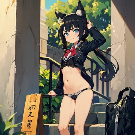 Young girl with black hair, long twintail, twintail hairstyle, (blue eyes), ((small bushy eyebrows)), (wolf ears up), wearing gothic lolita, lolicon clothes, going to school, dull eyes, dull face, going to school, flirtatious smile, small and perky breasts...