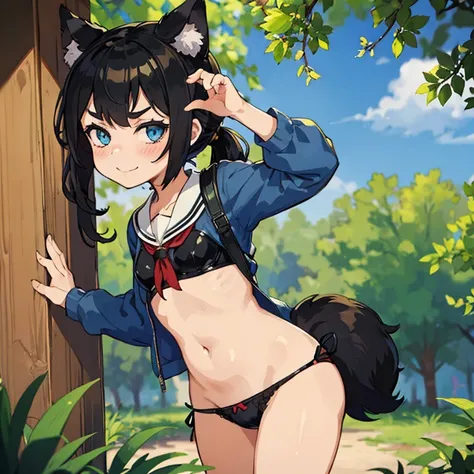 Young girl with black hair, long twintail, twintail hairstyle, (blue eyes), ((small bushy eyebrows)), (wolf ears up), wearing gothic lolita, lolicon clothes, going to school, dull eyes, dull face, going to school, flirtatious smile, small and perky breasts...