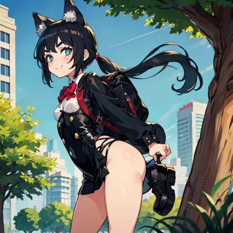 Young girl with black hair, long twintail, twintail hairstyle, (blue eyes), ((small bushy eyebrows)), (wolf ears up), wearing gothic lolita, lolicon clothes, going to school, dull eyes, dull face, going to school, flirtatious smile, small and perky breasts...