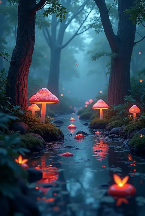 work of art, best qualityer, (very detailed CG Unity 8k wallpapers), (best qualityer), (best illustrations), (better shadows), dark forest theme with natural elements. tall trees, quiet streams with neon Koi, sheening little mushrooms que exalam polem, sur...