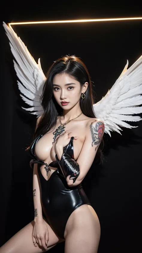 ((Perfect dynamic composition:1.7, Detailed tattoos all over the body:1.6, Wear exquisite jewelry:1.6)), Highly detailed skin and facial features:1.3, Details of the limbs, wings on shoulder, Angel wings and devil wings, white wings and black wings, (Reali...