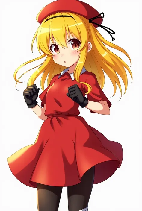 Girl,yellow hair,red hat,red clothes,black pants,anime style,black gloves,.Bandage in right leg.