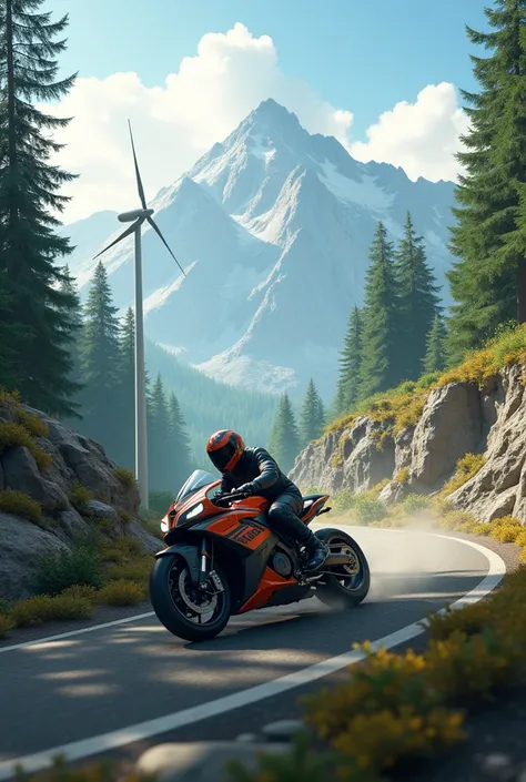 Futuristic motorcycle racing on a forest track with mountains and windmills