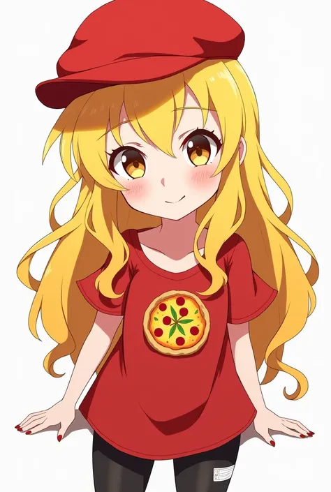 Girl,yellow hair,red hat,red pizza clothes,black pants,anime style,black gloves,.Bandage in right leg.