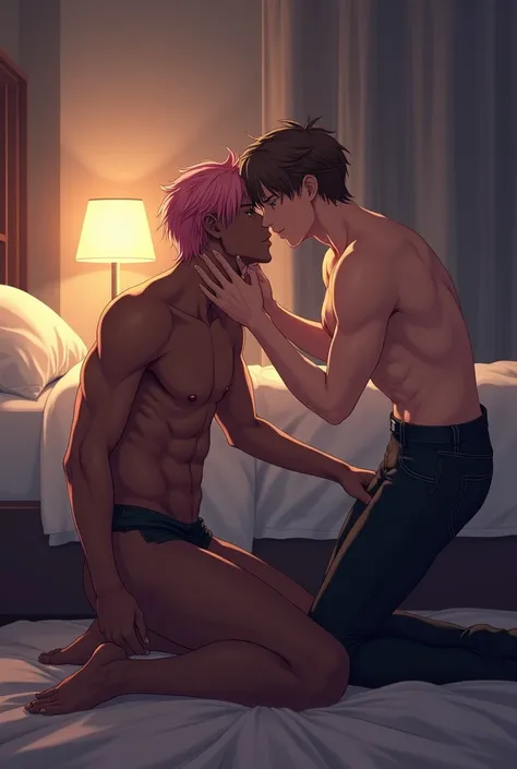 Draw two anime  hotel room. One guy has dark pink hair, light baby blue eyes, and black skin. He is kneeling on the floor as a passive subject. He is shirtless, showing slightly muscular skin. The other guy, he is active, has light neutral brown hair, cara...