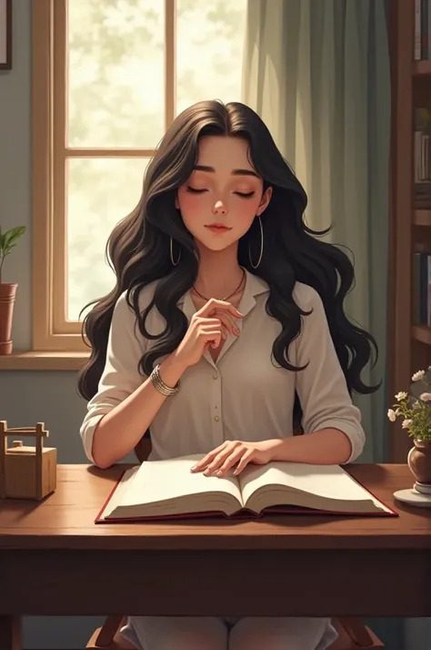 Create an illustration of a white teenage girl with a round face and long, wavy black hair doing her devotions at her desk with Jesus by her side 