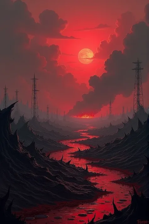 blood red battlefield, with burning flames in the background and a dark sky covered by red clouds. The ground is covered in thorns and sharp blades, and there are pools of blood that seem to have a life of their own.