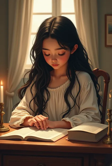 Create an illustration of a teenage girl with a round face and long, wavy black hair doing her devotions at her desk with Jesus by her side 