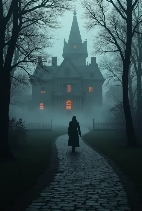 visual: A stone path leading to a large mansion, with lights on only in some windows. The shadow of a man is seen in the distance, watching the house. The trees and mist add an air of mystery.
colors: blackw, gris, and a slight hint of grayish blue for the...