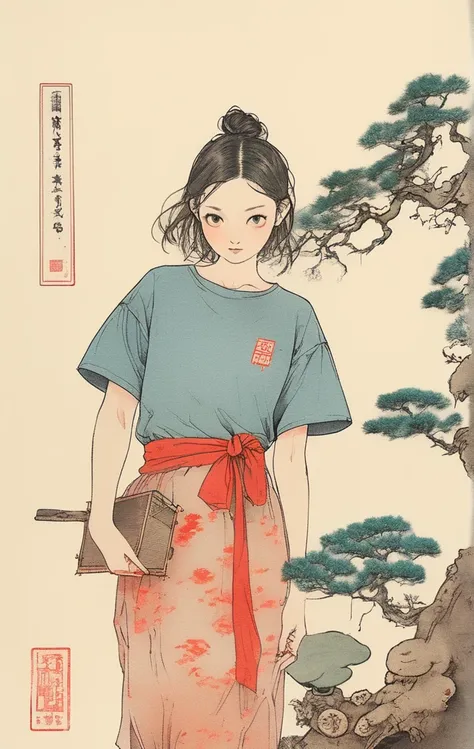 A girl wearing a T-shirt with a bonsai design