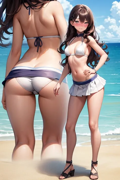 ((best quality)), ((masterpiece)), (detailed), 1 girl, full body, 19 years old, embarrassed face, young adult, somewhat short stature, purple eyes, brown hair, somewhat wavy hair, long hair, bang, blushing, very small breasts, sexy white bikini with little...