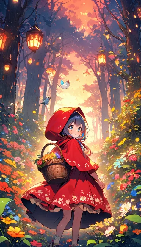 In the center of the image is the、Little Red Riding Hood is standing。She wears a bright red hooded cloak、She holds a small basket tightly in her hands。Her face is bright、It is drawn to give a sense of curiosity and adventure.。 The background features a vas...