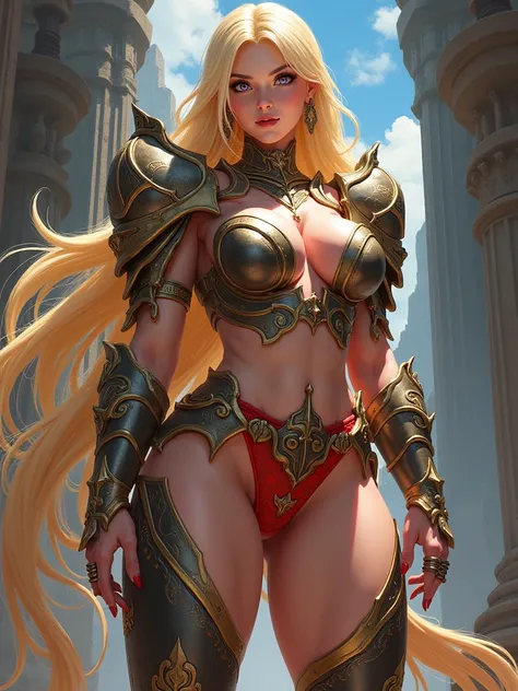 attire, Very long blonde hair fit Woman wearing amazin armor, Womanly, impossibly small tiny waist abs waistline, circumference of lower extremities far exceeds 80 inches hips, huge breasts, she has massively immense hip measurements, with the largest fit ...