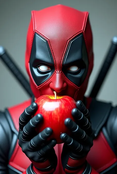 Movie character " Deadpool" eating a tasty apple and looking at the 8k camera