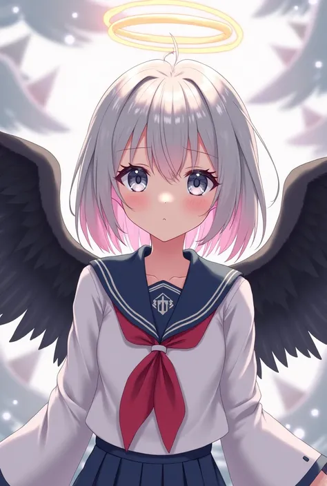 a beautiful girl with silver hair, gray eyes. pink hair with white gradations, wearing a Japanese school seifuku uniform, wearing black wings. and a ring of angels overhead.