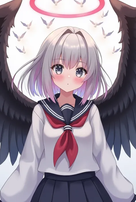 a beautiful girl with silver hair, gray eyes. pink hair with white gradations, wearing a Japanese school seifuku uniform, wearing black wings. and a ring of angels overhead.