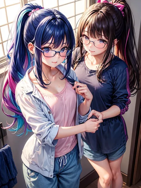 middle School girls，smile，Best Quality，High-dimensional beautiful girl，Multidimensional beautiful girl，8k，Highest quality，fake glasses，Ponytail hairstyle，Long Hair，cute，fluffy，Angel，Long Hair，perfection，masterpiece，Have sparkling eyes，Horny girl，Blue Track...