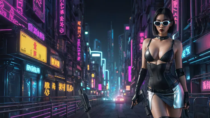 comic style cyberpunk city, line art background, at night. (1girl, solo), photo realistic, medium-breast:1.3 slim body, cleavage, sling top, miniskirt, (matrix style black sunglasses, holding a short gun), half-body thigh level medium shot, cinematic light...