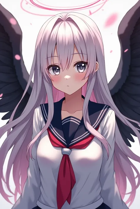 a beautiful girl with silver long hair, gray eyes. pink hair with white gradations, wearing a Japanese school seifuku uniform, wearing black wings. and a ring of angels overhead. V tuber model