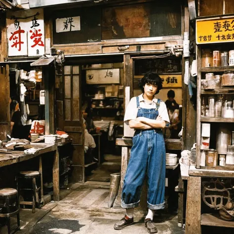 ((masterpiece、Highest quality))、Poor conditions、Japan 1980s, Dirty Standing Tavern、Old and dirty store, Unsanitary and dirty downtown Tokyo, Japan Streets, Cute girl working at the store、Japanese sign、Poor workers, Unhygienic restaurant 