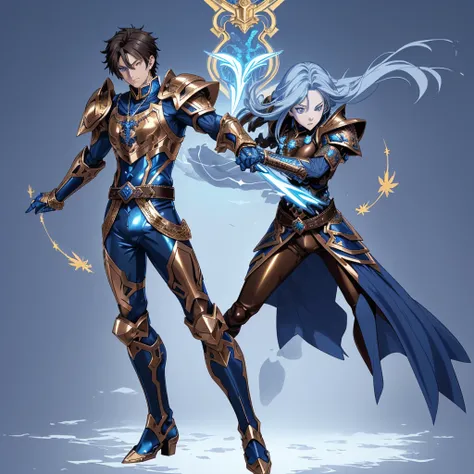 A full-body portrait of a young man in anime style, with short, dark hair. he has intense blue eyes and wears a form-fitting blue armor with intricate engravings of leaves and flowers, and golden metal pieces covering her shoulders and arms. A dark brown l...