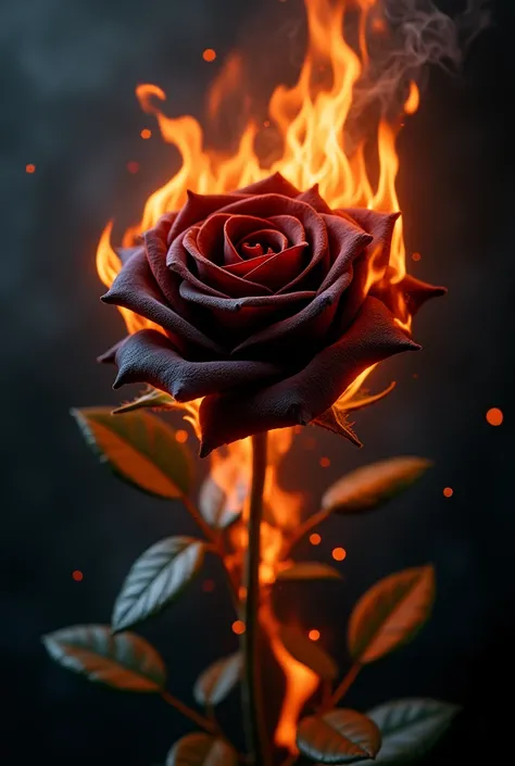 Black rose on fire that does not consume it, the rose looks fresh and alive