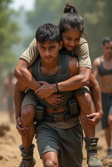 Junior running with senior on his back、Juniors wear weight vests, handcuffs and leg irons